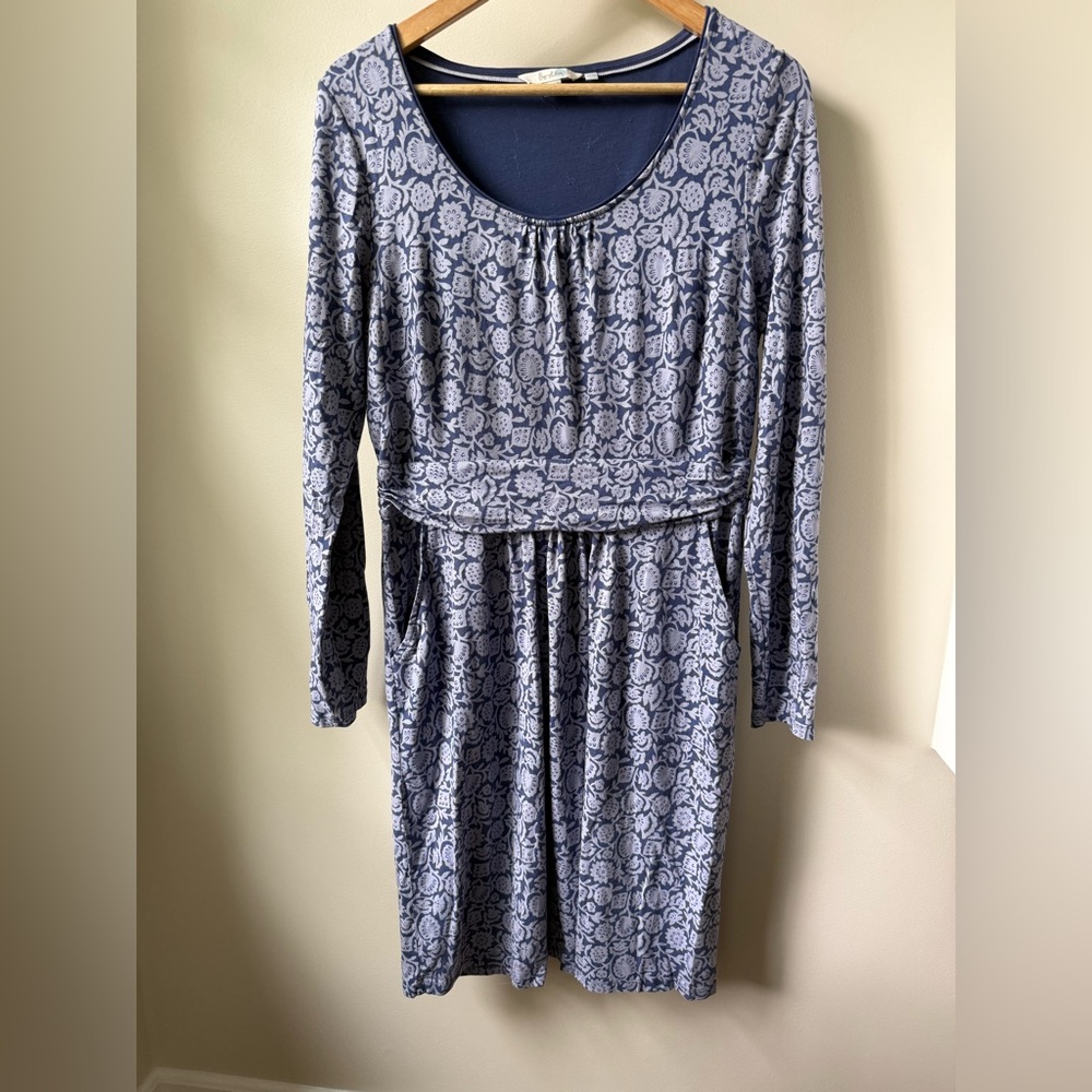 BODEN Floral Jersey Knit Dress Pockets Blue Stretch Comfy Modest Pull On US‎ 12